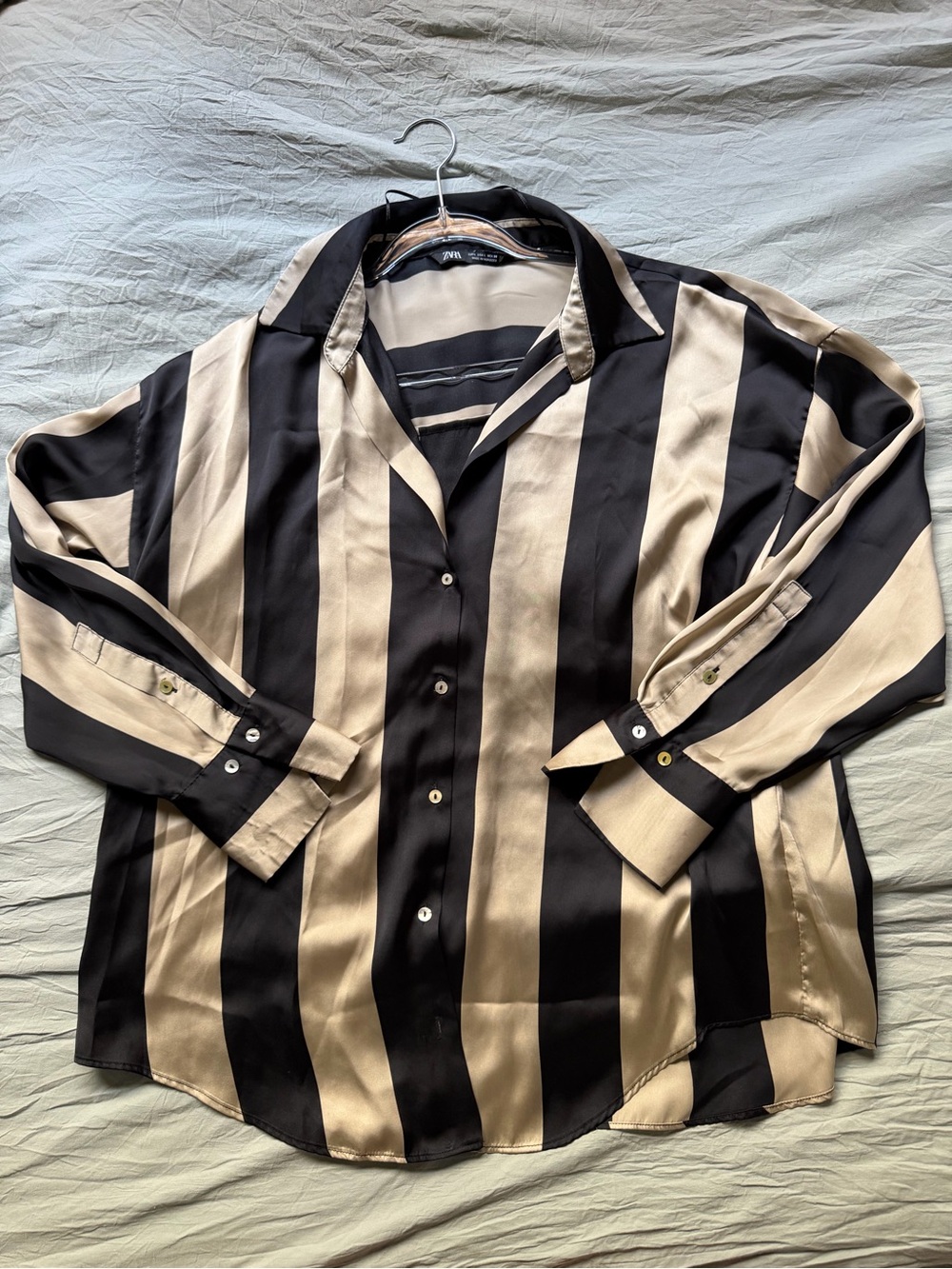 Zara Black & Tan Striped Satin Button-Up Shirt - L